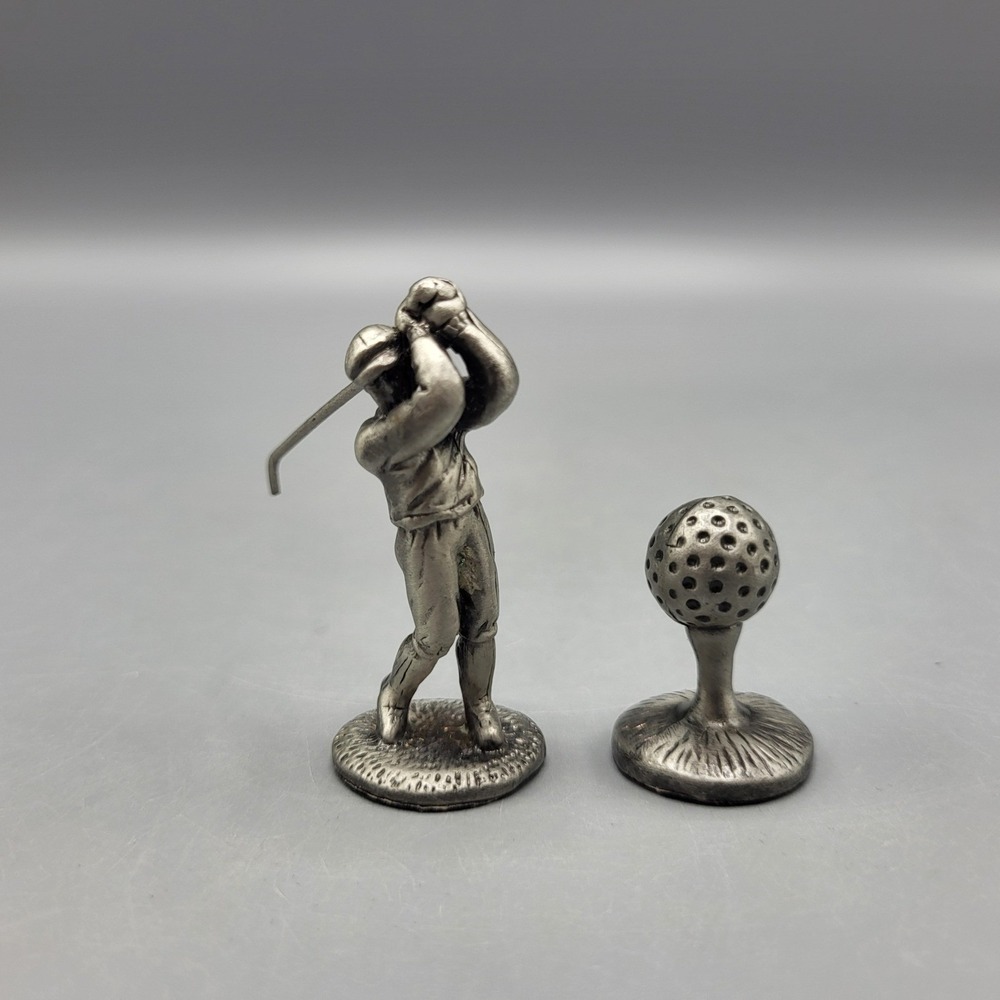 Vintage Pewter Golf Mini Figurines Set 2pc Silver Tone Golfer Statue